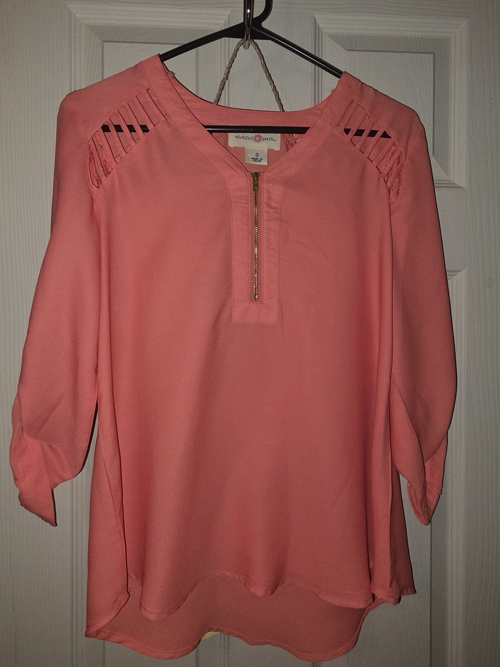 Wishful Park Coral Zip-Front Cutout Shoulder Blouse